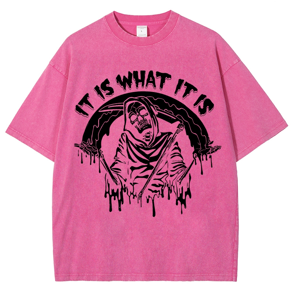 Gothic Skull Print Crew Neck Washed T-Shirt - 'IT IS WHAT IT IS'