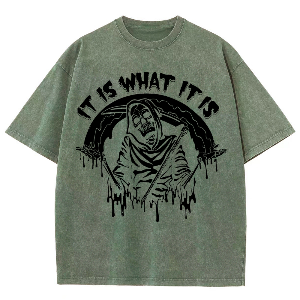 Gothic Skull Print Crew Neck Washed T-Shirt - 'IT IS WHAT IT IS'