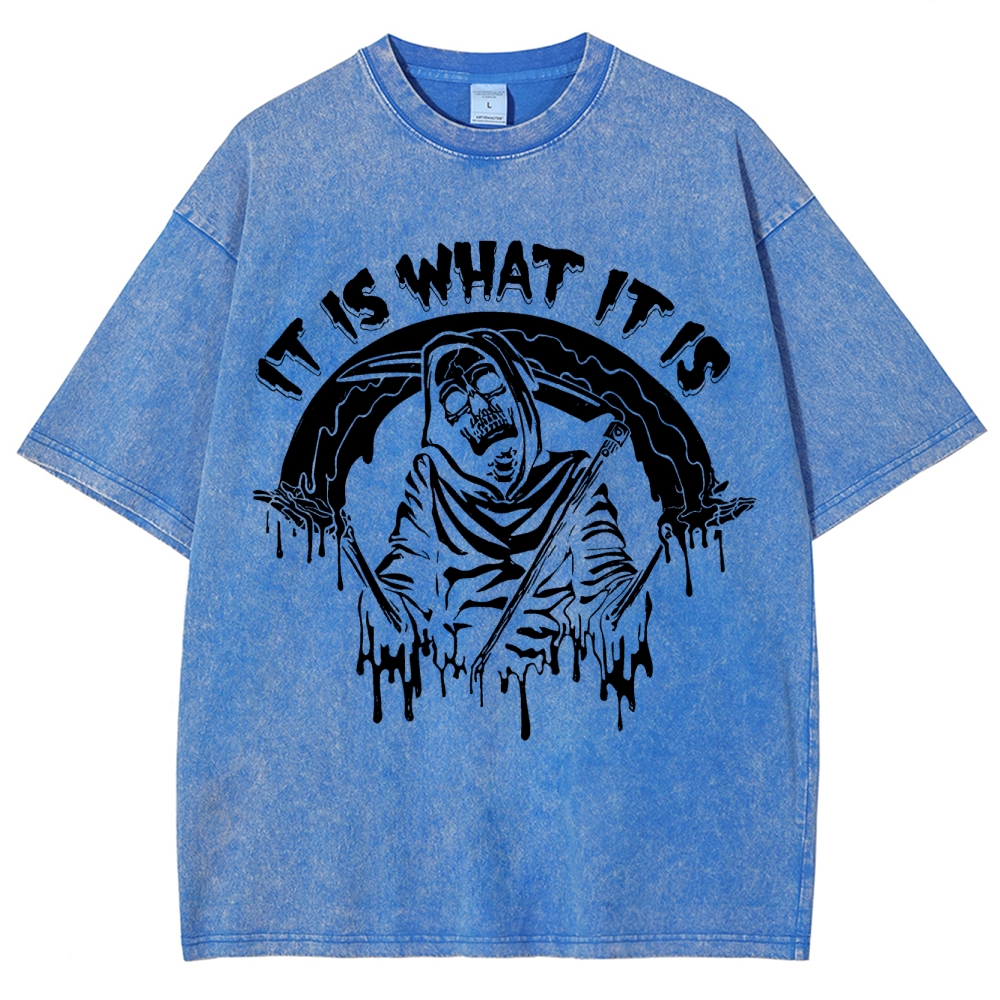 Gothic Skull Print Crew Neck Washed T-Shirt - 'IT IS WHAT IT IS'