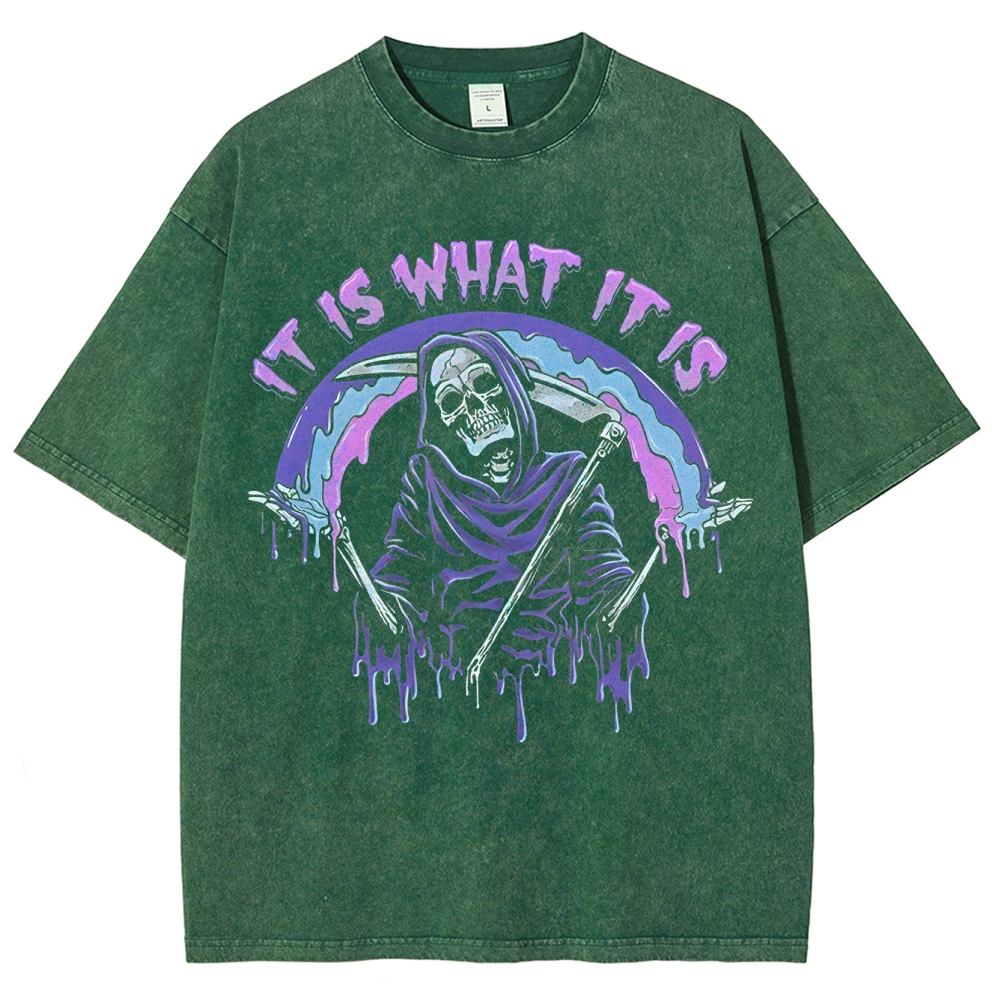 Gothic Skull Print Crew Neck Washed T-Shirt - 'IT IS WHAT IT IS'