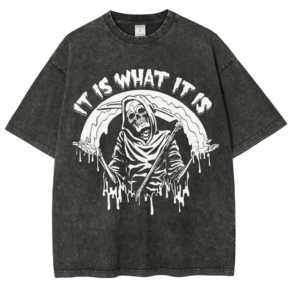 Gothic Skull Print Crew Neck Washed T-Shirt - 'IT IS WHAT IT IS'