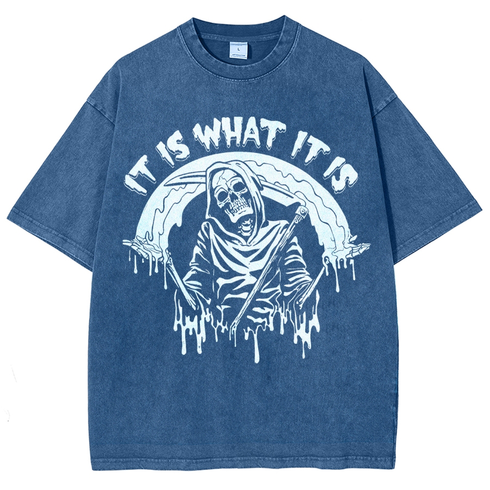 Gothic Skull Print Crew Neck Washed T-Shirt - 'IT IS WHAT IT IS'