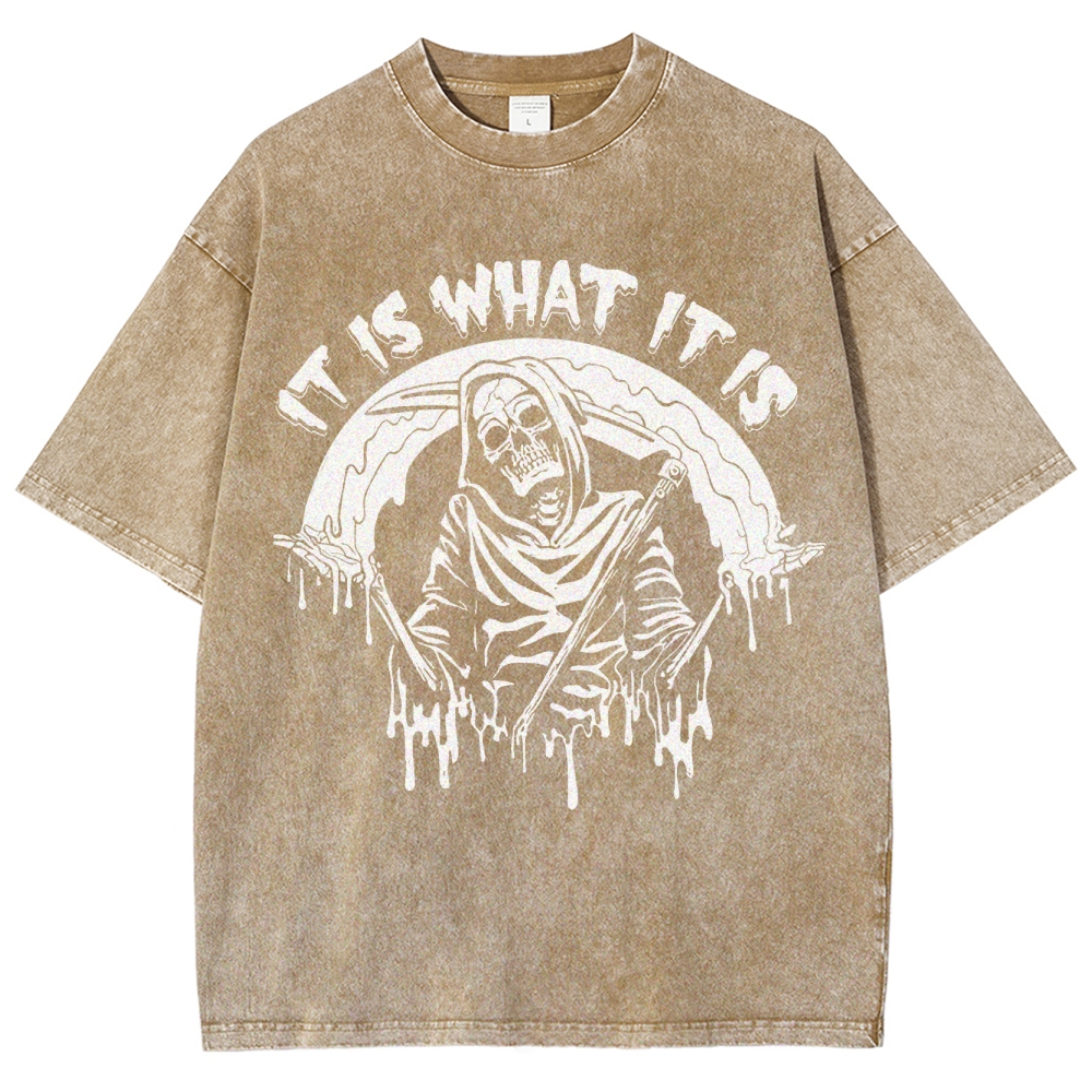 Gothic Skull Print Crew Neck Washed T-Shirt - 'IT IS WHAT IT IS'