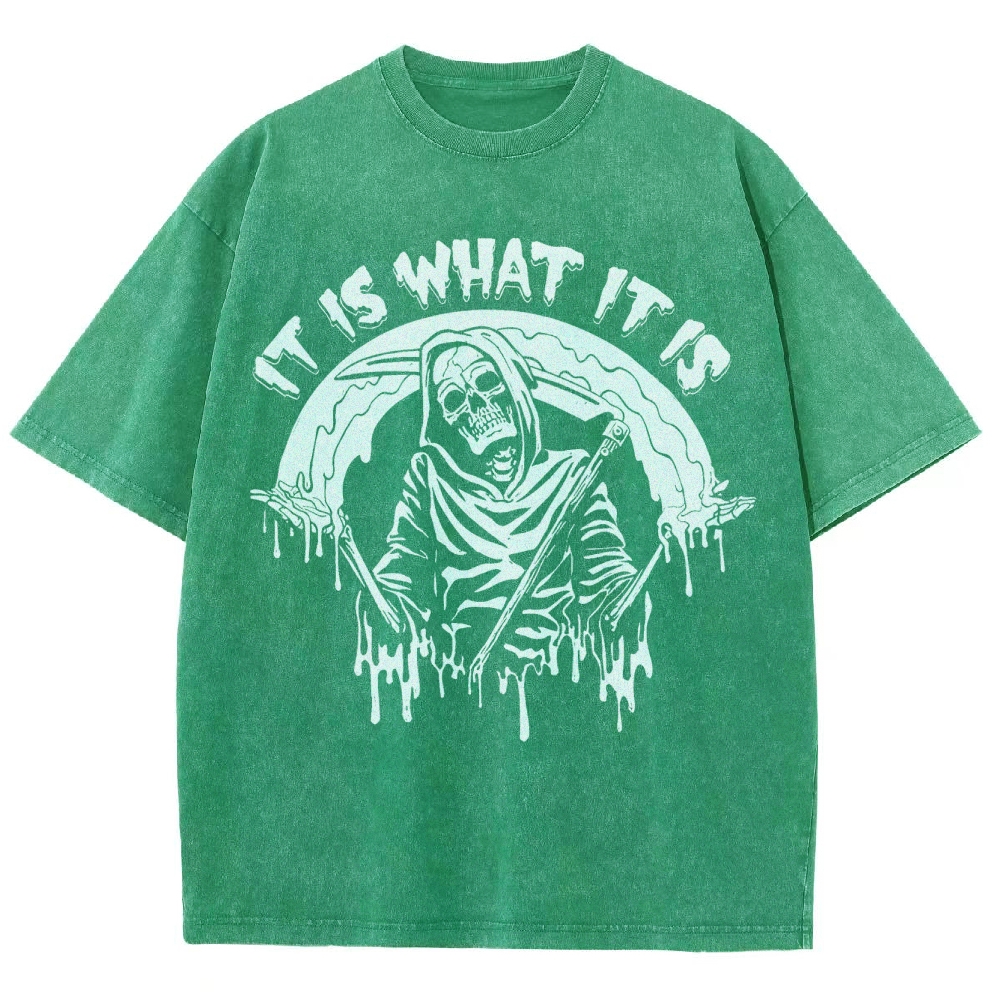 Gothic Skull Print Crew Neck Washed T-Shirt - 'IT IS WHAT IT IS'