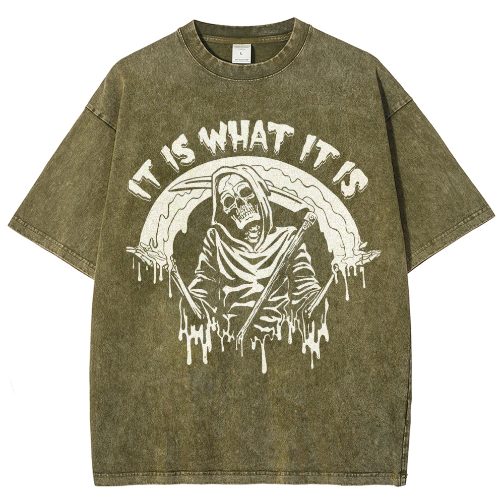 Gothic Skull Print Crew Neck Washed T-Shirt - 'IT IS WHAT IT IS'