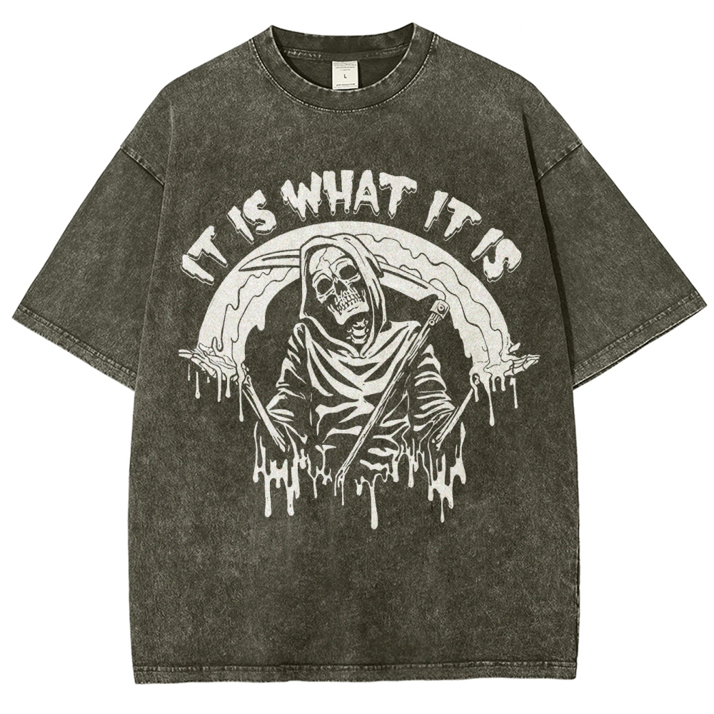 Gothic Skull Print Crew Neck Washed T-Shirt - 'IT IS WHAT IT IS'