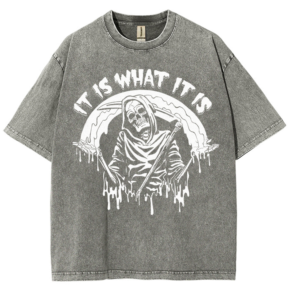 Gothic Skull Print Crew Neck Washed T-Shirt - 'IT IS WHAT IT IS'