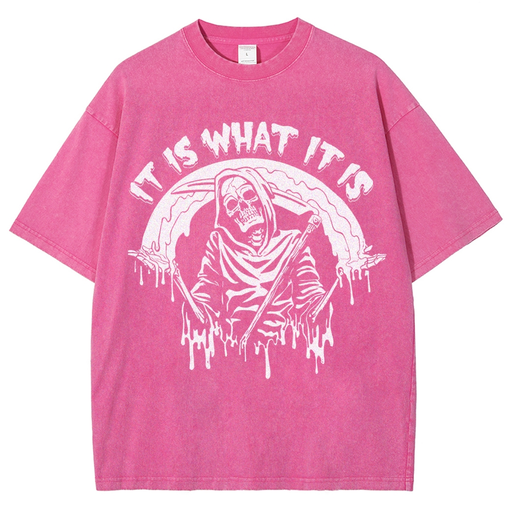 Gothic Skull Print Crew Neck Washed T-Shirt - 'IT IS WHAT IT IS'