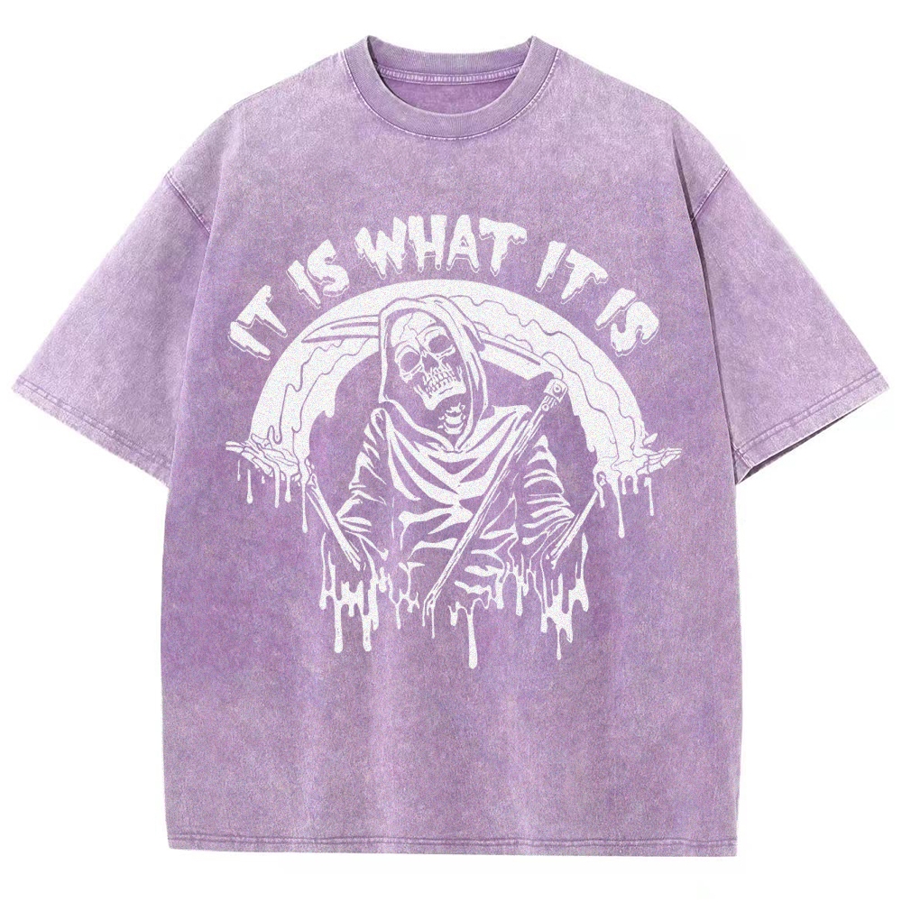 Gothic Skull Print Crew Neck Washed T-Shirt - 'IT IS WHAT IT IS'