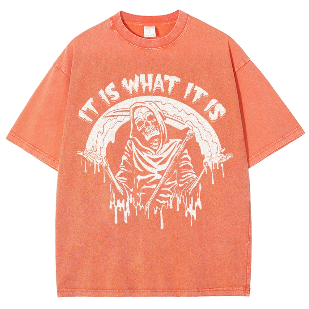 Gothic Skull Print Crew Neck Washed T-Shirt - 'IT IS WHAT IT IS'