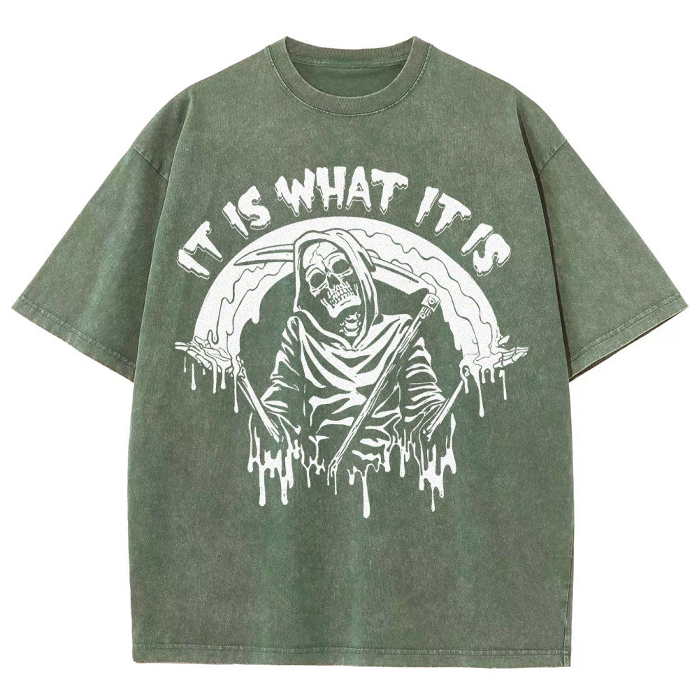 Gothic Skull Print Crew Neck Washed T-Shirt - 'IT IS WHAT IT IS'