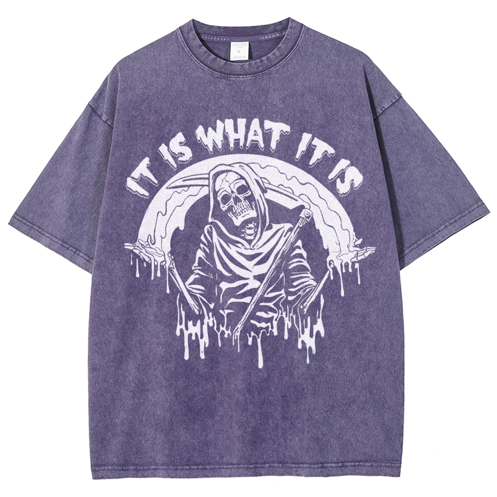 Gothic Skull Print Crew Neck Washed T-Shirt - 'IT IS WHAT IT IS'