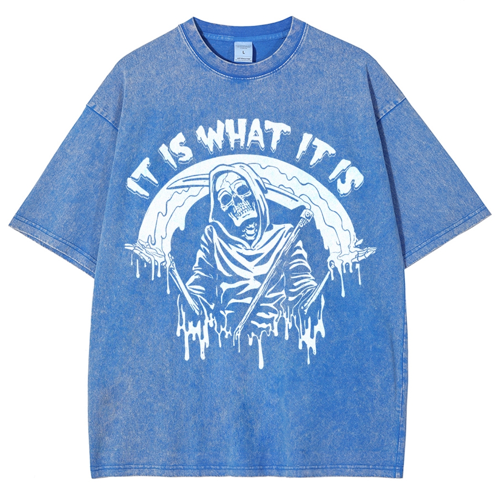Gothic Skull Print Crew Neck Washed T-Shirt - 'IT IS WHAT IT IS'