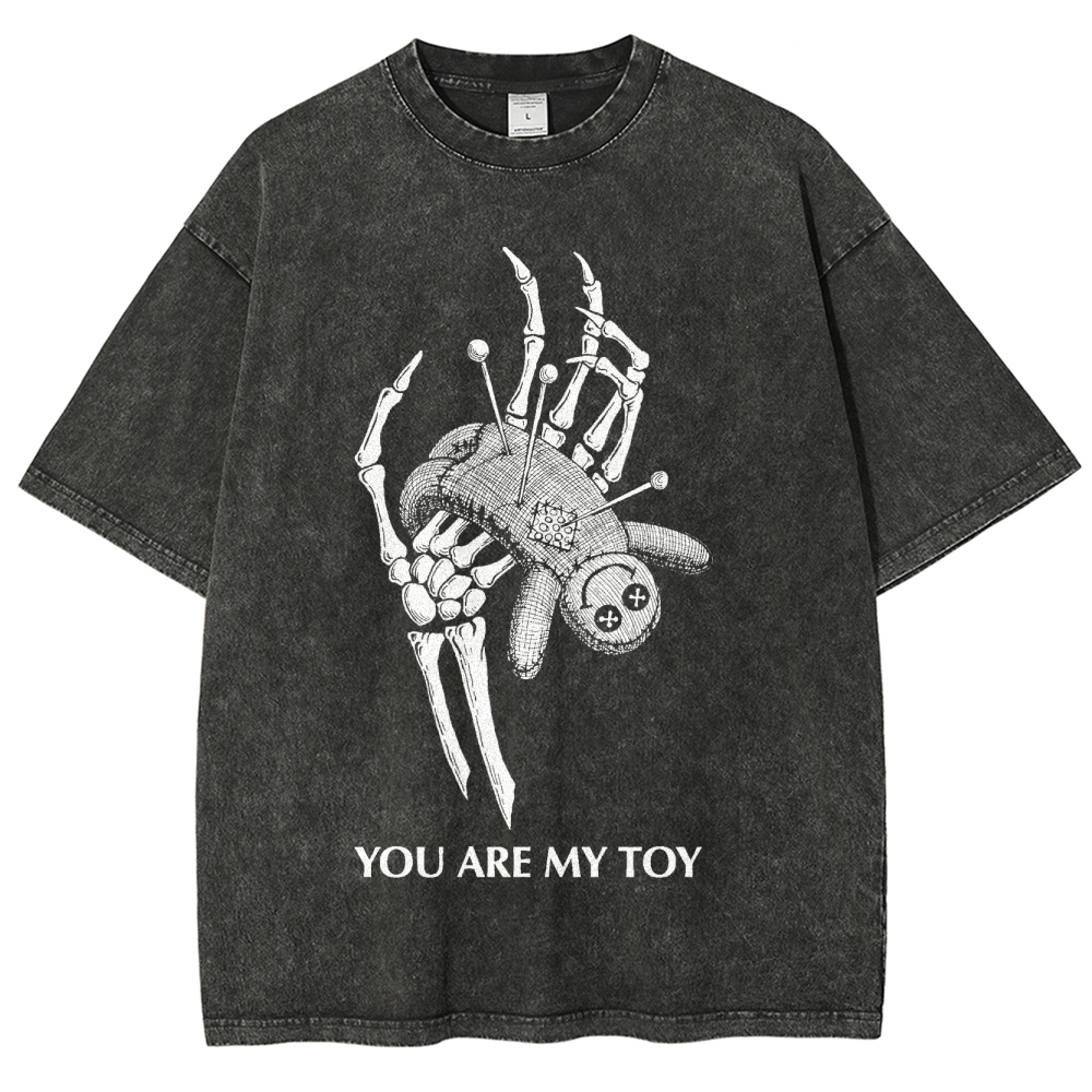 Gothic Skeleton Hand Print Washed T-Shirt - 'YOU ARE MY TOY'"