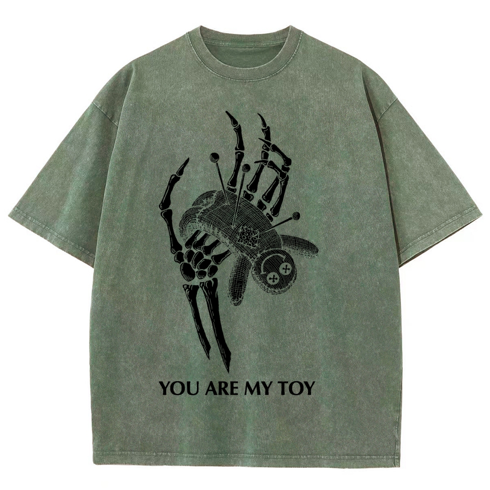 Gothic Skeleton Hand Print Washed T-Shirt - 'YOU ARE MY TOY'"
