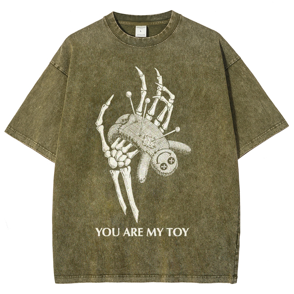 Gothic Skeleton Hand Print Washed T-Shirt - 'YOU ARE MY TOY'"