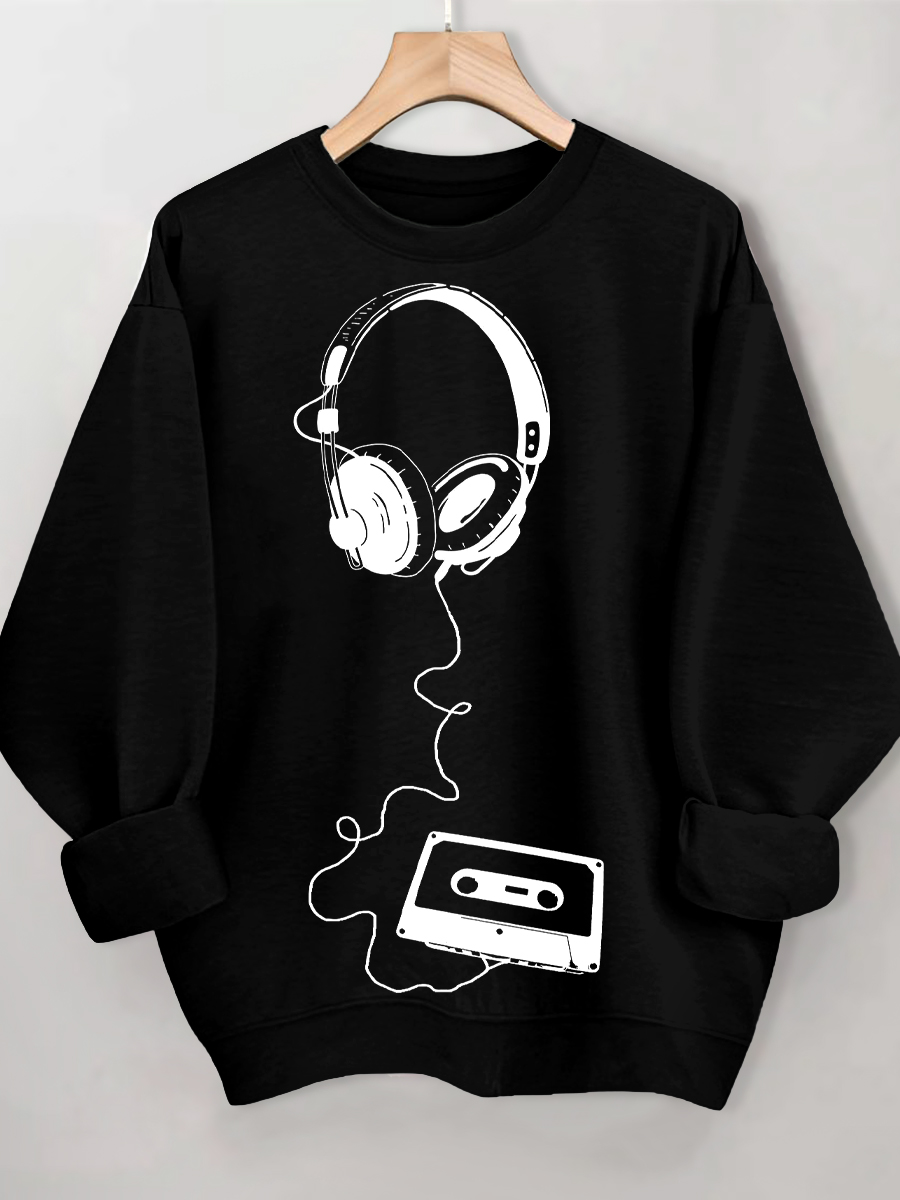 Women's Retro Headphones Music Cassette Art Print Cotton Casual Sweatshirt