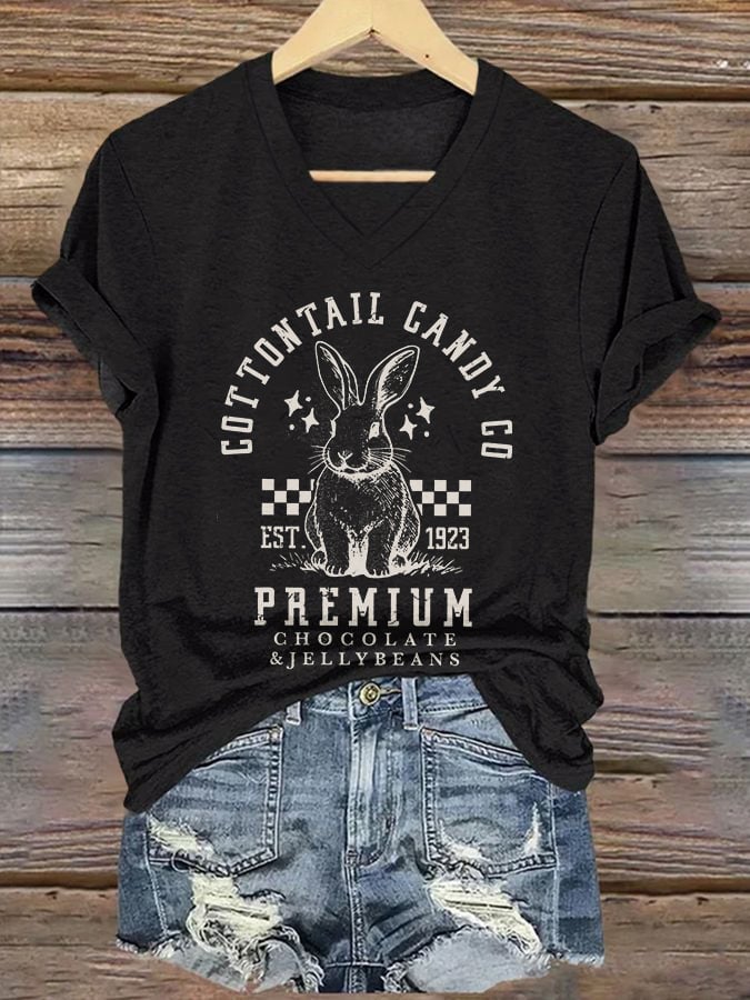 Women's Cottontail Candy Company Easter Bunny Printed V Neck T-Shirt