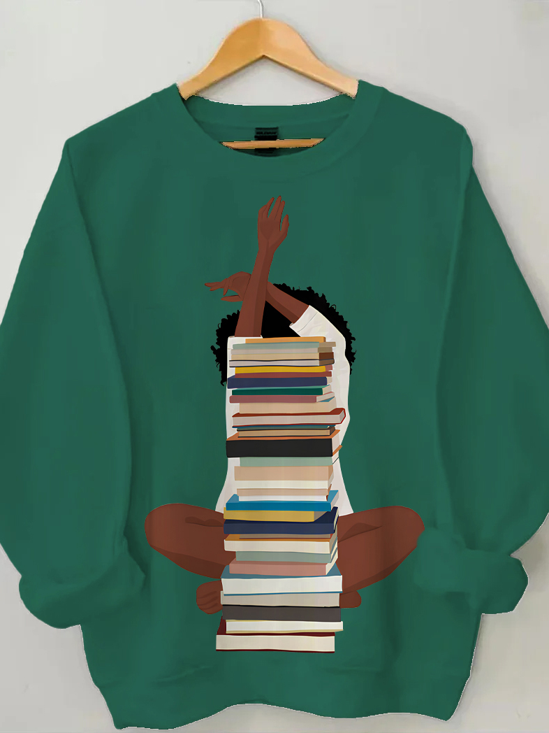 Women's Reading Lover Graphic Print Cotton Long Sleeve T-Shirt Thin Sweatshirt