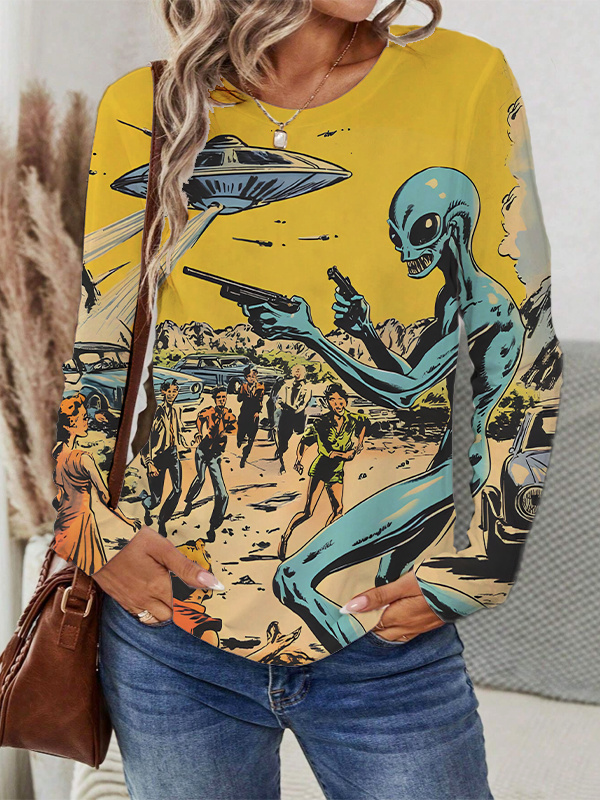 Women's Vintage UFO Alien Comics Style Sci-Fi Art Print Long Sleeve Top