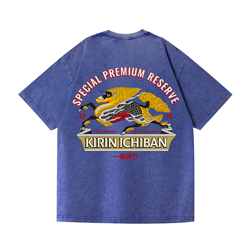 Kirin Beer Vintage Wash Japanese Design Back Art T-Shirt