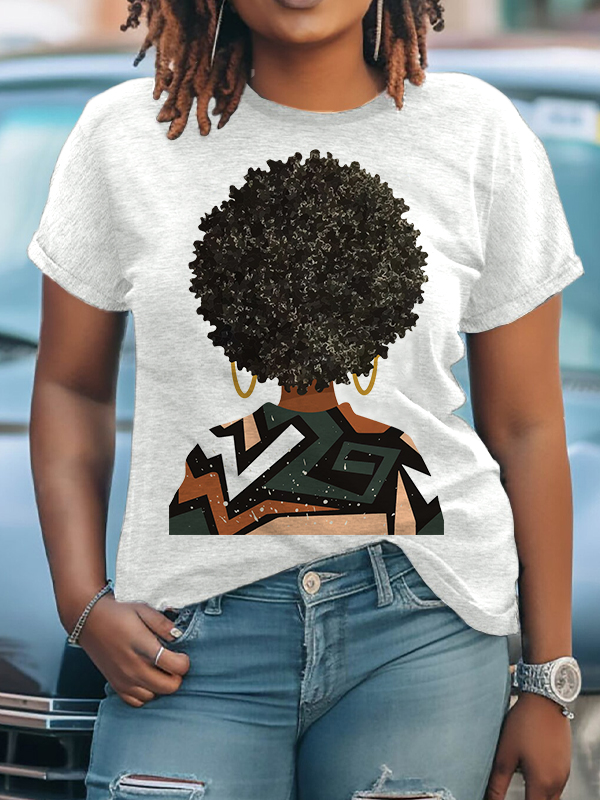 Women's African Natural Hair Art Print Cotton Casual T-Shirt
