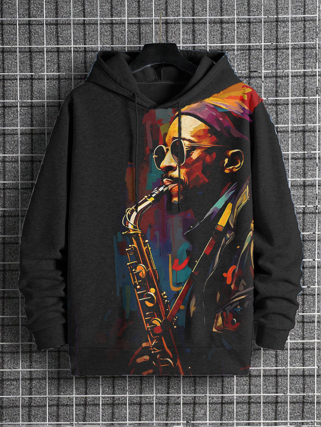 Men's Black Jazz Performance Art Print Casual Hoodie