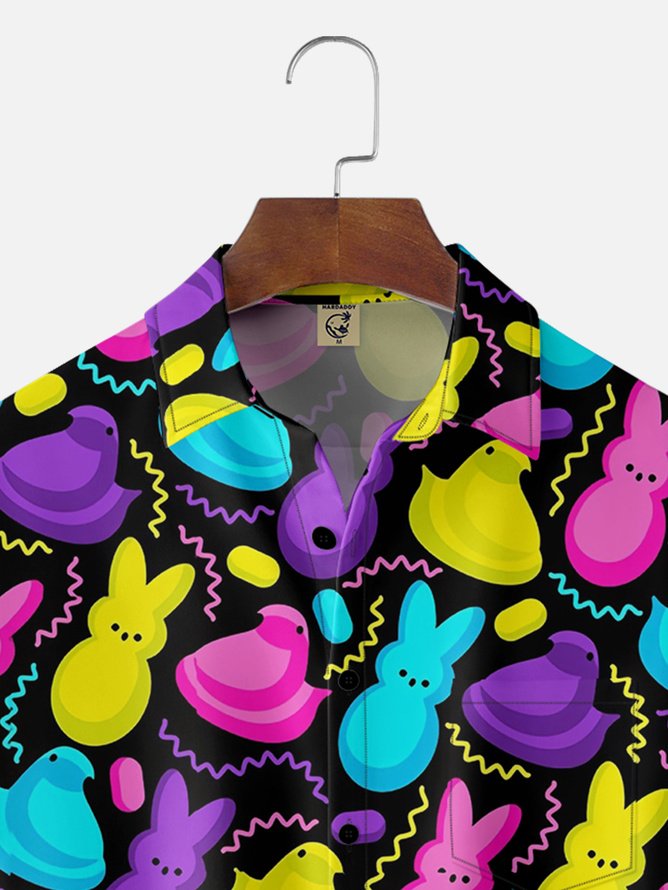 Tall Size Moisture Wicking Easter Egg Bunny Chest Pocket Hawaiian Shirt