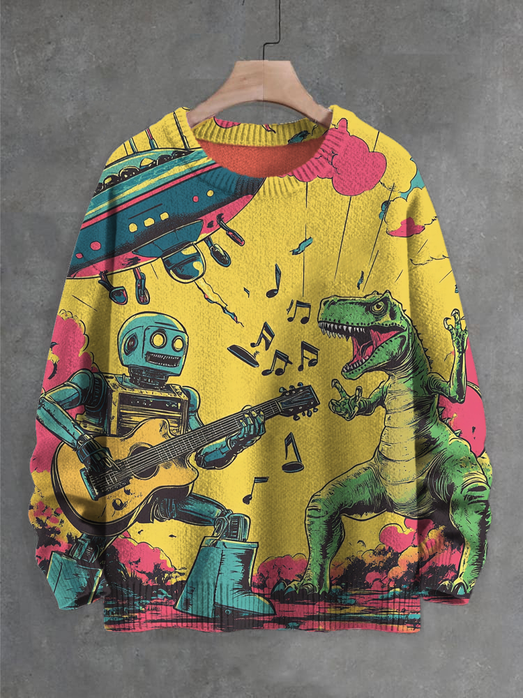 Men's Future Sci-Fi Art UFO Dinosaur Robot Guitar Player Print Knit Sweatshirt