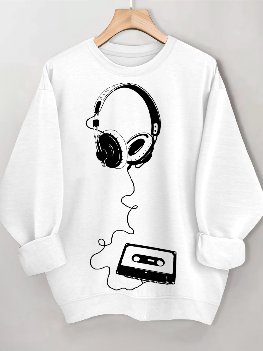 Women's Retro Headphones Music Cassette Art Print Cotton Casual Sweatshirt
