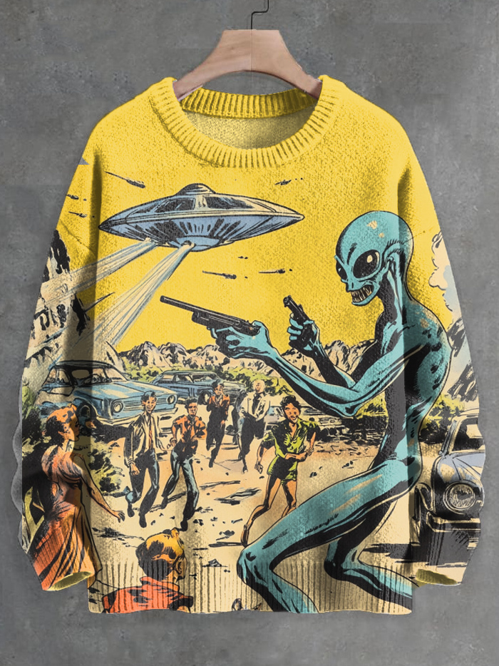 Men's Vintage UFO Alien Comics Style Sci-Fi Art Print Knit Sweatshirt