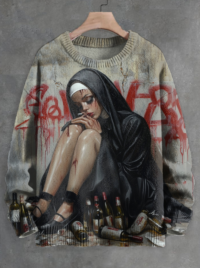 Men's Retro Bloody Drunk Nun Art Print Knit Sweatshirt