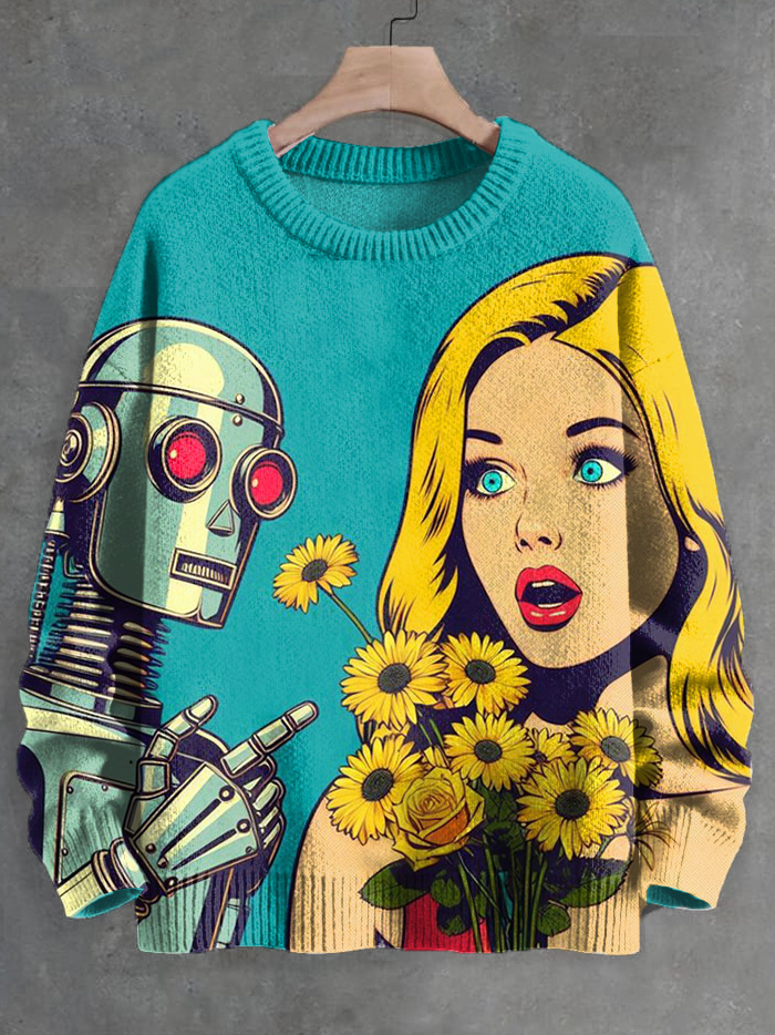 Men's Vintage Robot And Woman Sunflower Print Knit Sweatshirt