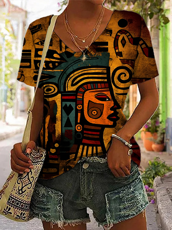 Women's African Pattern Traditional Print V Neck T-Shirt