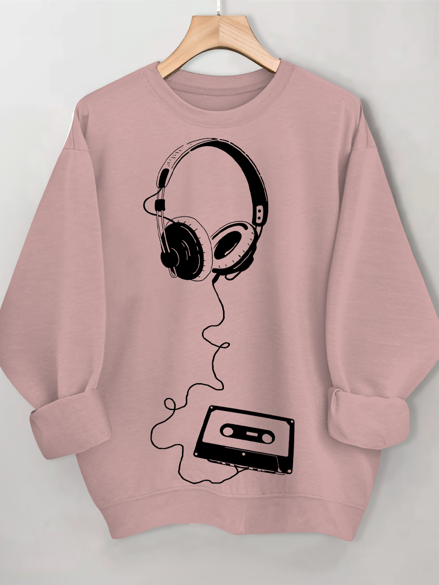 Women's Retro Headphones Music Cassette Art Print Cotton Casual Sweatshirt