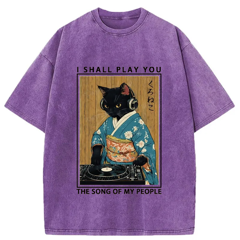 Tokyo-Tiger Funny Playing Music Black Cat Washed T-Shirt