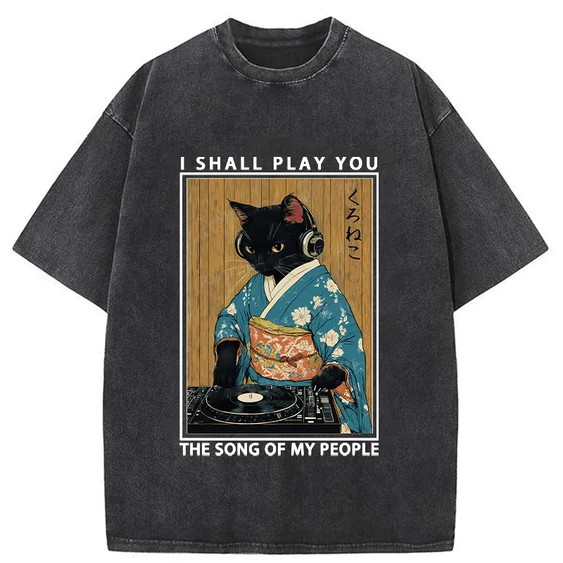 Tokyo-Tiger Funny Playing Music Black Cat Washed T-Shirt