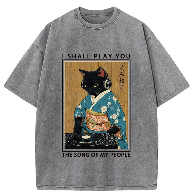Tokyo-Tiger Funny Playing Music Black Cat Washed T-Shirt