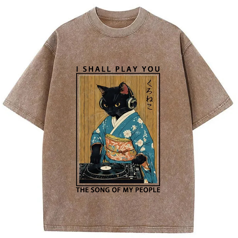 Tokyo-Tiger Funny Playing Music Black Cat Washed T-Shirt