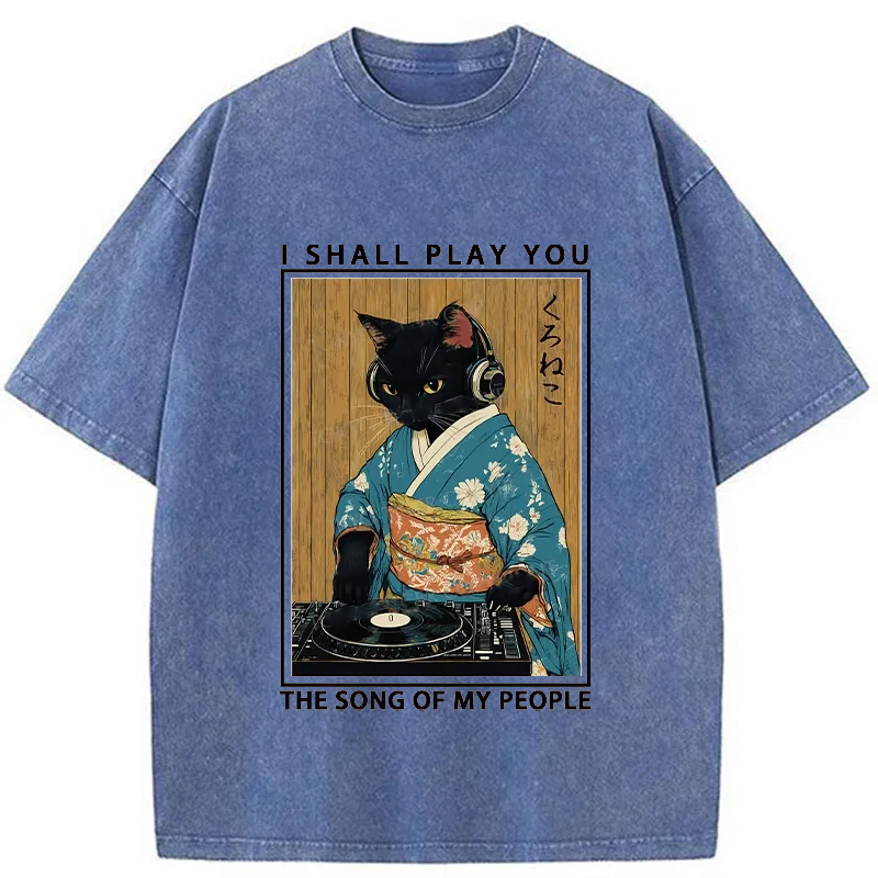 Tokyo-Tiger Funny Playing Music Black Cat Washed T-Shirt