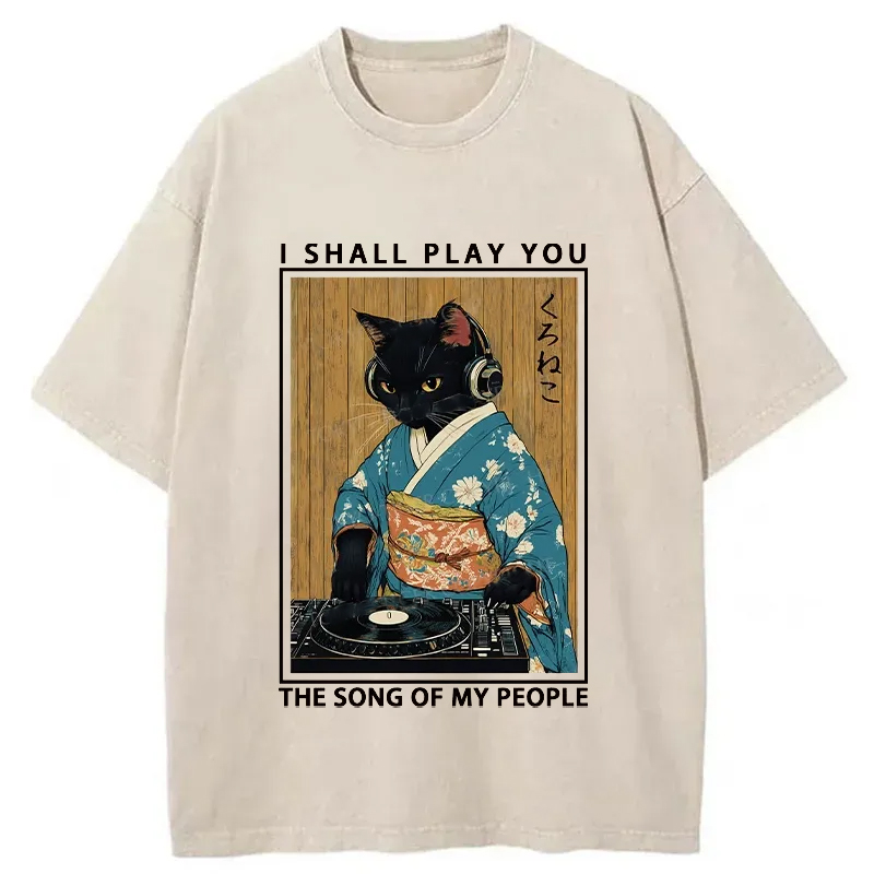 Tokyo-Tiger Funny Playing Music Black Cat Washed T-Shirt