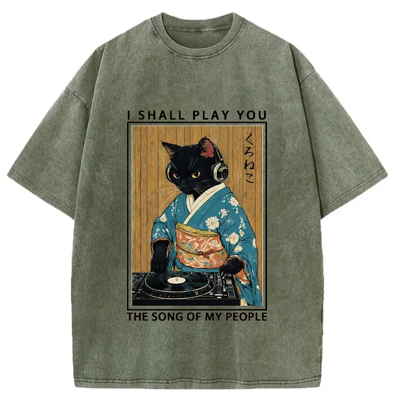 Tokyo-Tiger Funny Playing Music Black Cat Washed T-Shirt