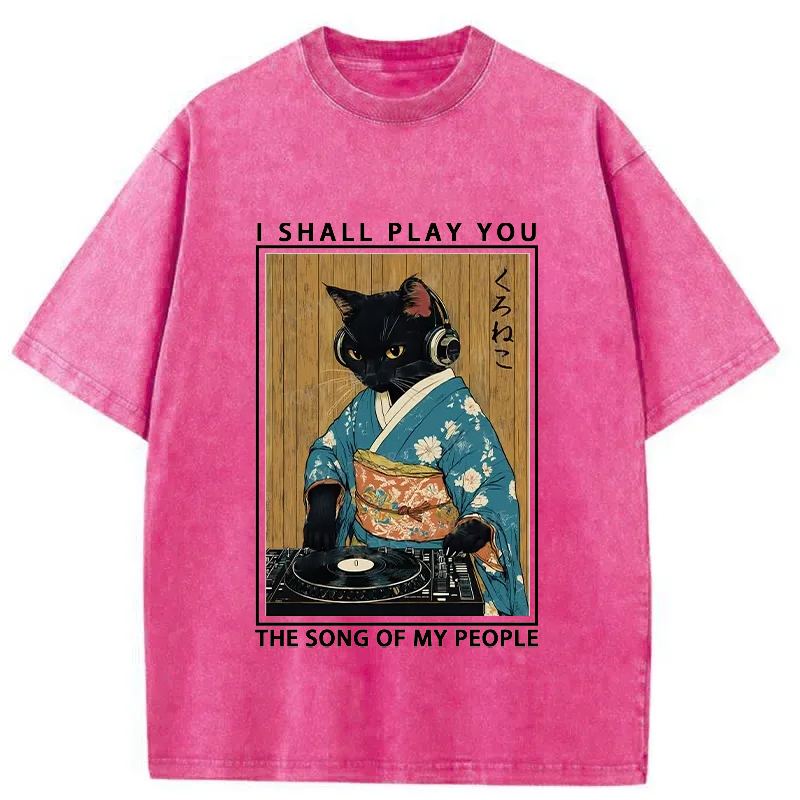 Tokyo-Tiger Funny Playing Music Black Cat Washed T-Shirt