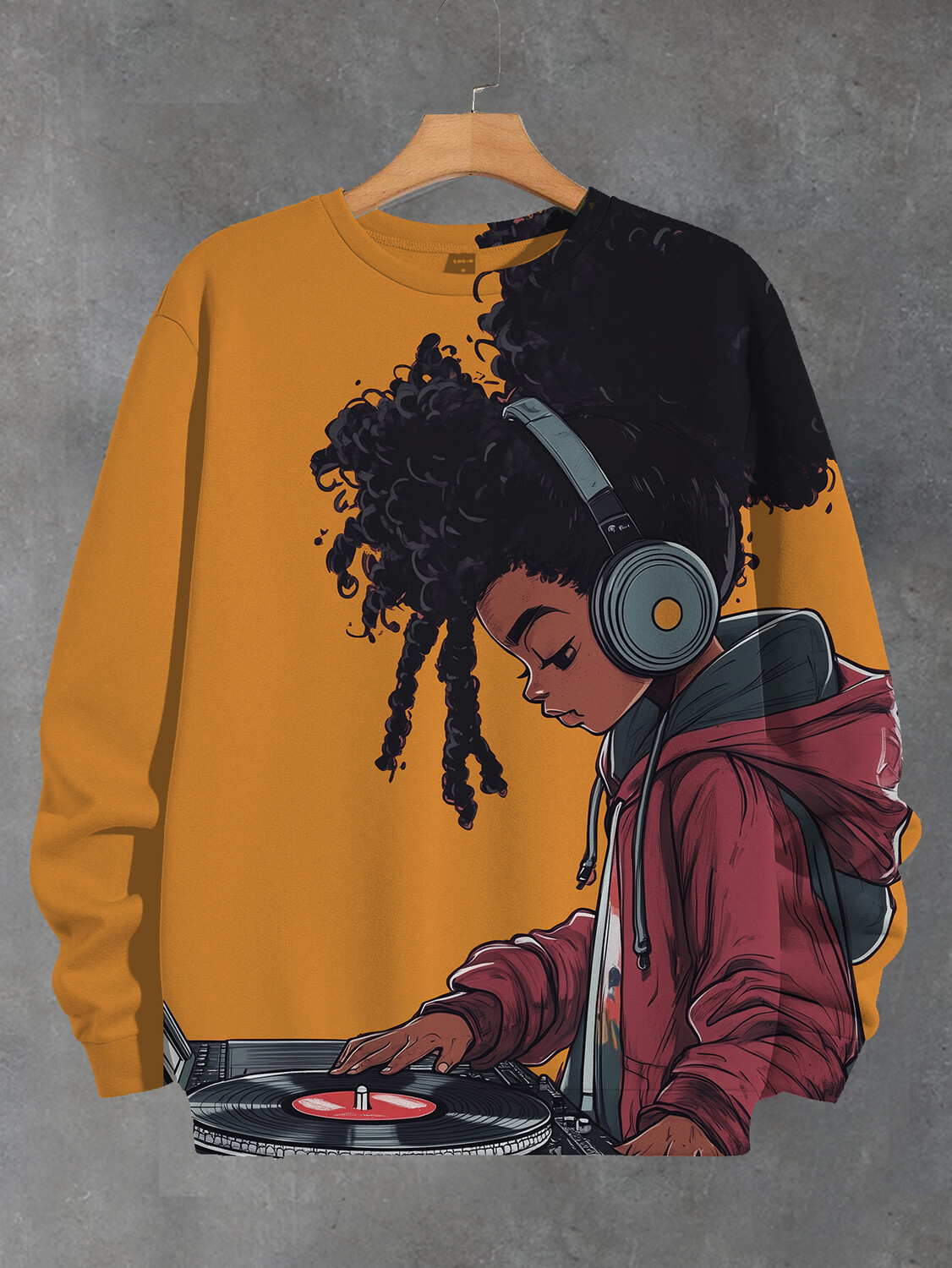Women's Curly-Haired Black Girl With Headphones DJ Art Print Casual Sweatshirt