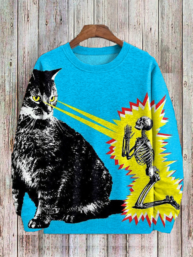 Men's Black Cat And Skeleton Funny Art Print Casual Sweatshirt