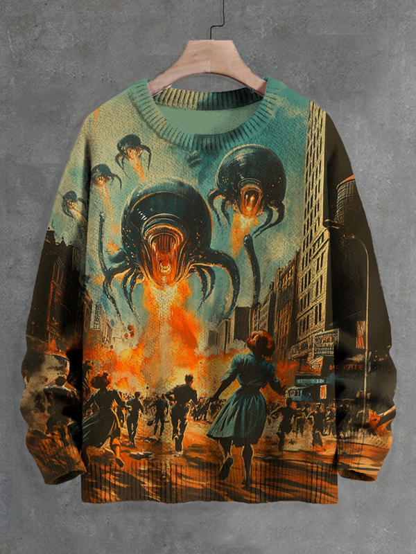 Men's Alien Creatures Appear In The City Art Print Knit Sweatshirt
