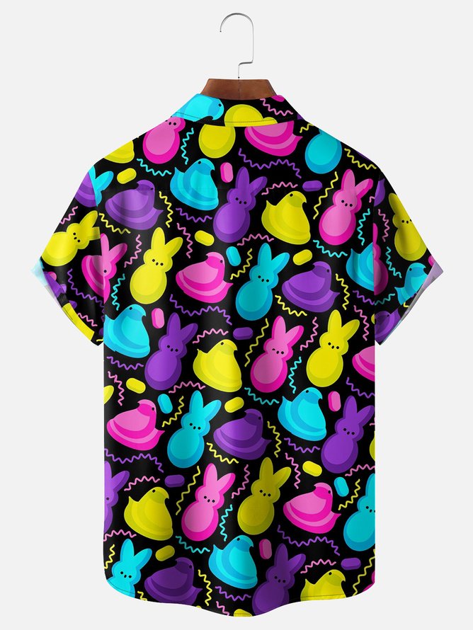 Tall Size Moisture Wicking Easter Egg Bunny Chest Pocket Hawaiian Shirt