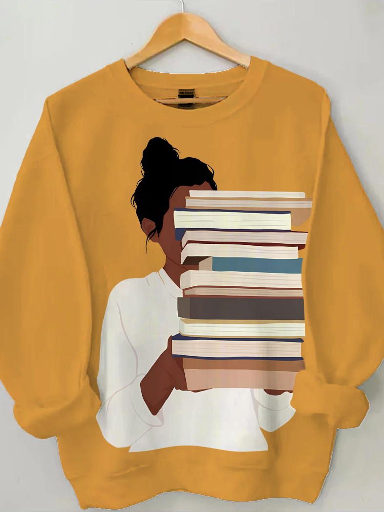 Women's Reading Lover Illustration Print Cotton Long Sleeve T-Shirt Thin Sweatshirt