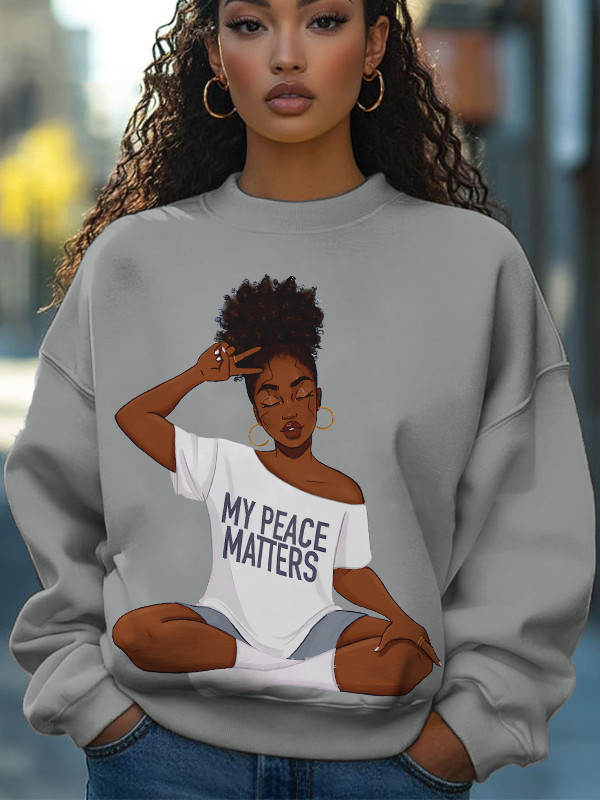 Women's My Peace Matters Slogan Print Cotton Long Sleeve T-Shirt Thin Sweatshirt