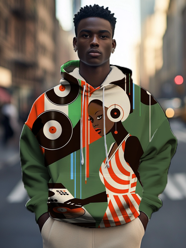 Men's Black Female DJ Art Print Casual Hoodie